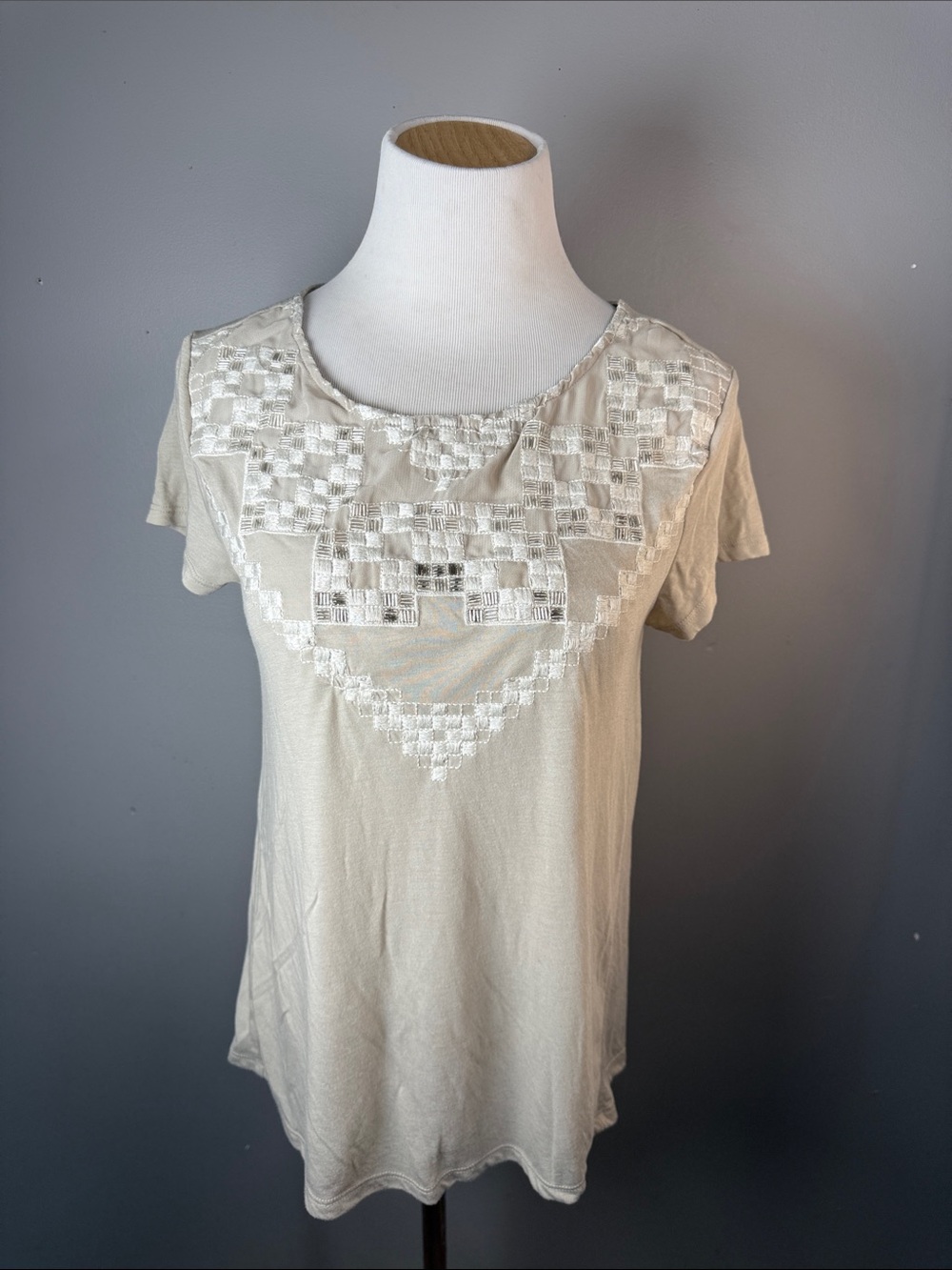 Women's Cream Embroidered Scoop Neck Top